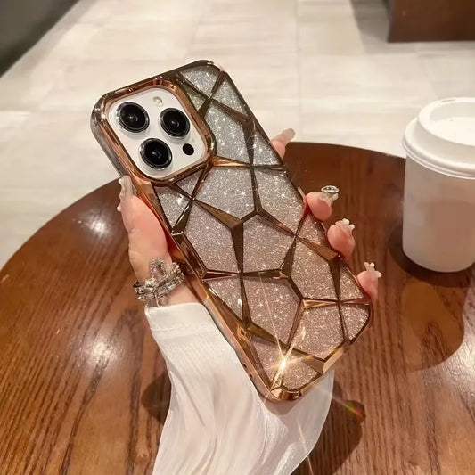 Glamorous Phone Case for Iphone Models 16, 15, 14, 13, Pro Max Plus Featuring Sparkling 3D Cube Diamond Marble Design with Soft TPU for Shock Resistance.