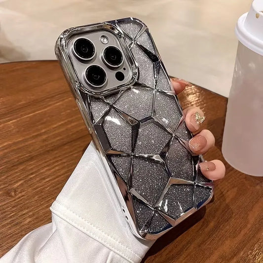 Glamorous Phone Case for Iphone Models 16, 15, 14, 13, Pro Max Plus Featuring Sparkling 3D Cube Diamond Marble Design with Soft TPU for Shock Resistance.