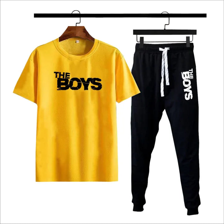 Yellow & black The boys printed summer tracksuit for men round neck half sleeves tshirt&trouser for men& boys best article of summer collection